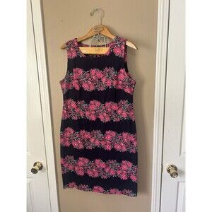 TALBOTS Navy Pink Floral Dress Sheath Cotton Spandex Office Event Church 14